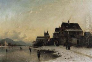 Townsfolk Skating On A Frozen Lake by Johannes Bartolomaus Duntze