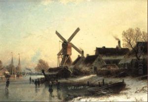 Winter Landscape With Figures Near A Village by Johannes Bartolomaus Duntze