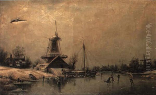 Skaters On A Frozen River Before A Windmill - view 1