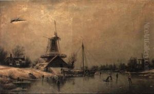 Skaters On A Frozen River Before A Windmill by Johannes Bartolomaus Duntze
