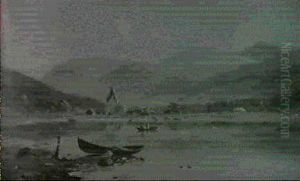 Sommer Im Norwegischen Fjord (zwischen Den                  Sonnenbeschienenen Bergen Liegt Ein Dorf Mit...stabkirche) by Johannes Bartolomaus Duntze