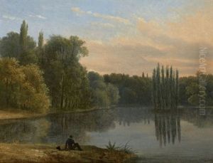 Promeneur Devant L'ile Des Peupliers Dans Le Parc D'ermenonville Et Vue D'un Village De L'oise