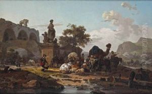An Italianate Landscape With A Caravan Of Cattle, Sheep, A Camel And Travellers, Near A Ruin
