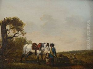 Cavalier Et Son Cheval Avec Villageois En Chemin by Claude Michel Hamon Duplessis
