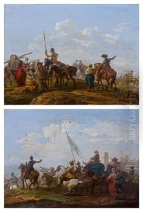 Le Depart De La Troupe Et La Halte Du Convoi (pair) by Claude Michel Hamon Duplessis
