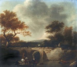 Idyllische Landschaft Mit Brucke Und Reisenden