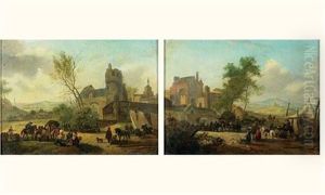 Scene De Campement Devant Un Village Fortifie (+ Another, Similar; Pair)