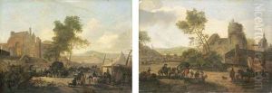 An Extensive Landscape With Peasants And Travellers By A Tent (+ An Extensive Landscape With Peasants And Travellers, A Town Beyond; Pair) by Claude Michel Hamon Duplessis