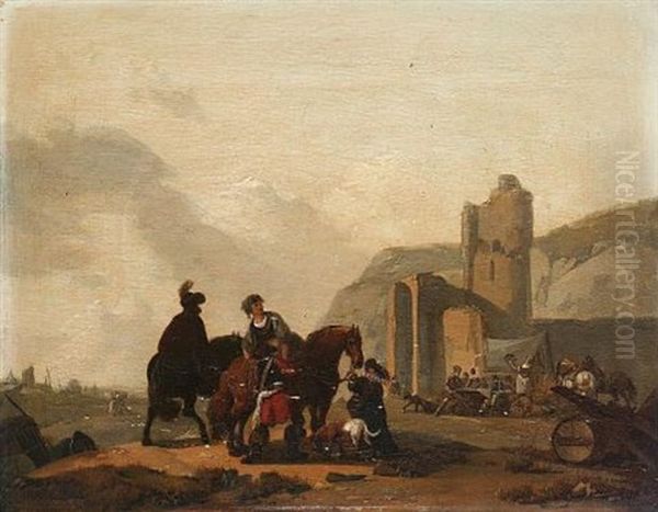 Travellers Approaching A Military Encampment Beside A Ruined Castle - view 1