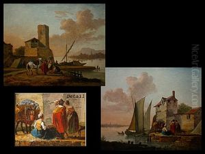 Kustenlandschaft Mit Architektur, Figurenstaffage Und Schiff (+ Another Similar; Pair)