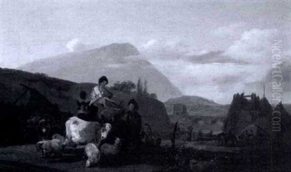 Travelers With Cow And Sheep In A Landscape - view 1