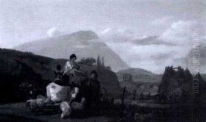 Travelers With Cow And Sheep In A Landscape by Claude Michel Hamon Duplessis