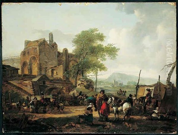 Scene De Campement Militaire Devant L'entree D'un Village - view 1