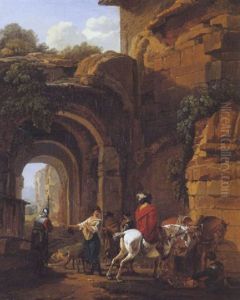 Paysannes Et Militaires Dans Un Paysage De Ruines