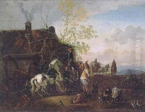A Gentleman Rider Stopping To Have His Horse Reshoed At A Blacksmiths, An Italianate Landscape Beyond A Gentleman Rider Stopping To Have His Horse Reshoed At A Blacksmiths, An Italianate Landscape Beyond