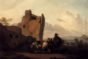Soldiers And Peasants Conversing By Some Ruins With A Man Lying On The Ground
