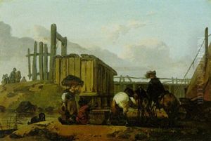 Landscape With Riders Watering Their Horses Beside A River by Claude Michel Hamon Duplessis