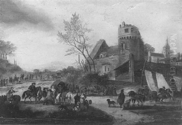 Chateau Dominant La Place De Village Animee De Nombreux Personnages - view 1