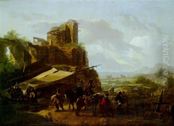 Halte De Cavaliers Aux Abords D'une Forteresse En Ruine - view 1