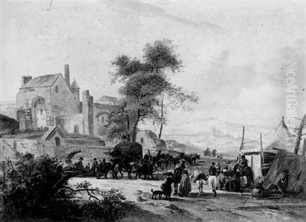 Scene De Campement Militaire Devant Un Village - view 1