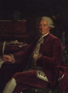 Portrait Of A Gentleman Seated At His Desk, Wearing A Crimson Velvet Suit, With An Embroidered Waistcoat