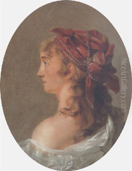 Portrait Of A Young Girl Wearing A White Dress And A Red Head Dress With Pearls - view 1