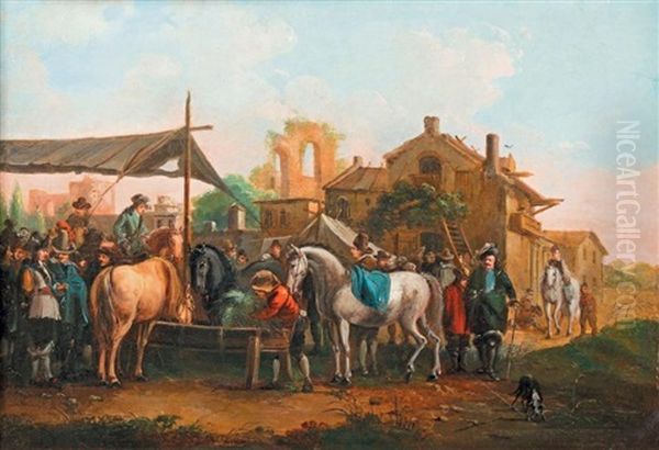 Cavaliers Nourrissant Leurs Chevaux - view 1