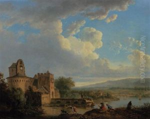 An Extensive River Landscape With A Castle, An Artist Sketching On The Bank In The Foreground by Francois-Leonard Dupont