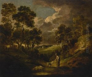 A Wooded Landscape With A Peasant Girl Feeding A Dog, With A Goat, Cows And Sheep On A Distant Hillside by Gainsborough Dupont