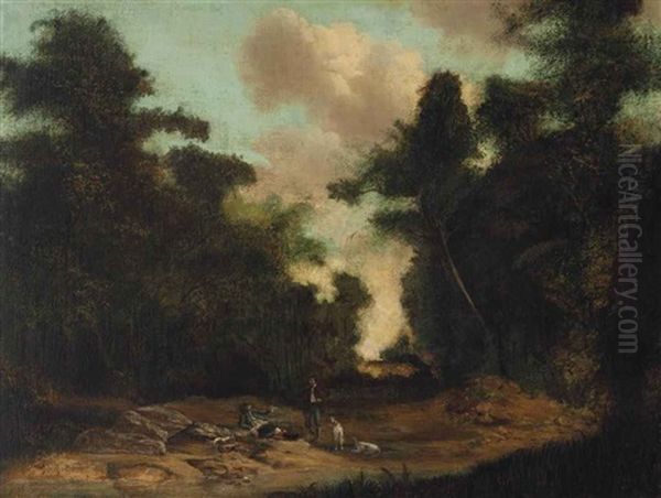 Figures With A Dog In A Wooded Landscape - view 1