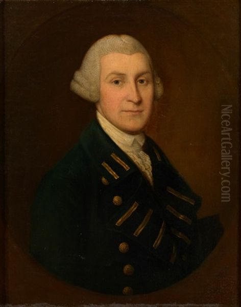 Portrait Of Nathaniel Burrough, In A Dark Blue Naval Jacket With Golden Buttons, In A Painted Oval - view 1