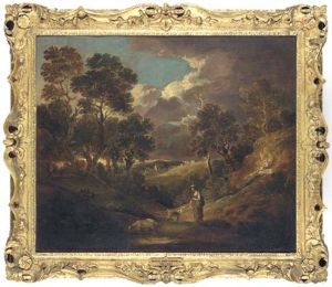 A Wooded Landscape With A Figure And Livestock By A Lake In The Foreground