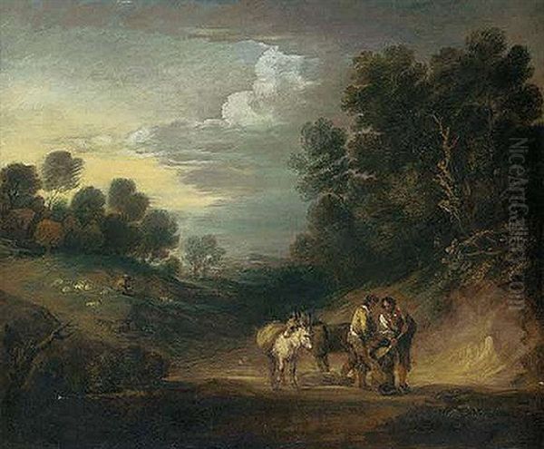 A Wooded Landscape With Figures In The Foreground Shovelling Sand, With Donkeys, A Shepherd And Sheep Beyond: The Sand-getters by Gainsborough Dupont