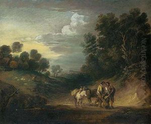A Wooded Landscape With Figures In The Foreground Shovelling Sand, With Donkeys, A Shepherd And Sheep Beyond: The Sand-getters by Gainsborough Dupont