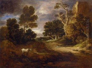 A Wooded Landscape With A Ruined Tower, Woodcutter, Horse And Sheep by Gainsborough Dupont