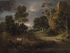 Wooded Landscape With A Ruined Tower, Woodcutter, Horse And Sheep by Gainsborough Dupont
