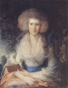 Portrait Of A Lady Wearing A White Gown With Blue Sash, Holding A Book by Gainsborough Dupont