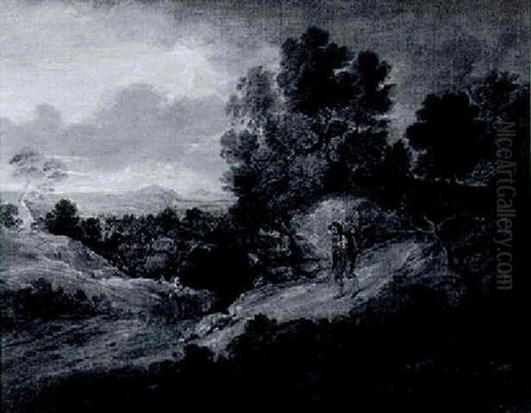 A Wooded Hilly Landscape With A Laborer Carrying A Scythe In The Foreground - view 1