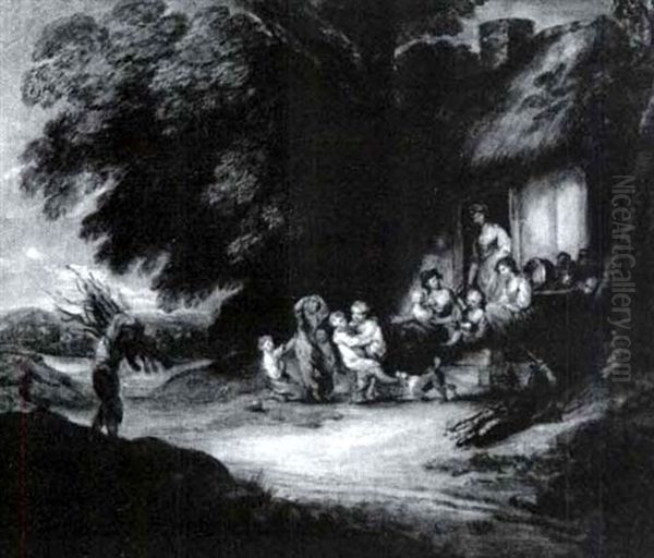 Cottage Door With Mothers Tending Their Children At Play - view 1