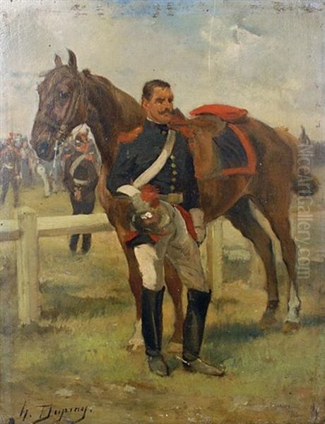 A Cavalry Officer With His Horse Standing Before A Military Encampment - view 1