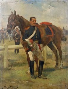 A Cavalry Officer With His Horse Standing Before A Military Encampment by Henri Louis Dupray