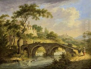 An Italianate Landscape With An Ox-drawn Cart And A Shepherd And His Cattle On A Bridge, Other Travellers Nearby And A View Of A Walled Town Nearby