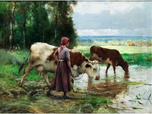 Junge Frau Beim Rinder Tranken by Julien Dupre