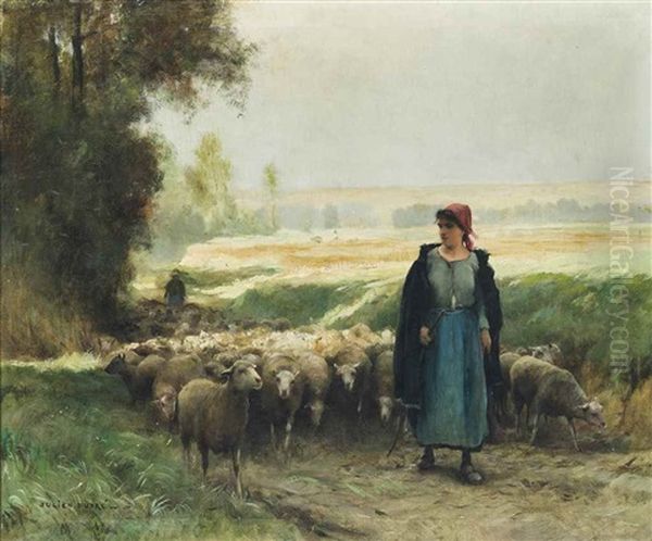 A Shepherd Girl Guiding A Flock Of Sheep - view 1