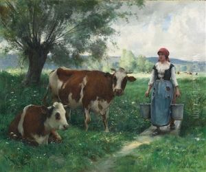 A Milkmaid With Her Cows At Pasture by Julien Dupre