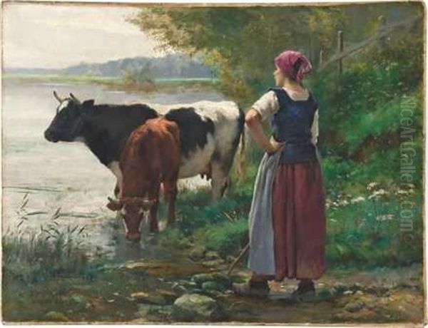 Hirtin Mit Kuhen Am Wasser - view 1