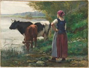 Hirtin Mit Kuhen Am Wasser by Julien Dupre