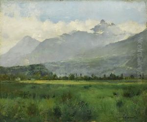 Weite Wiesenlandschaft Mit Gebirge Im Hintergrund by Julien Dupre