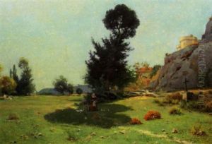 Woman And Child In A Sunny Landscape, Distant Castle