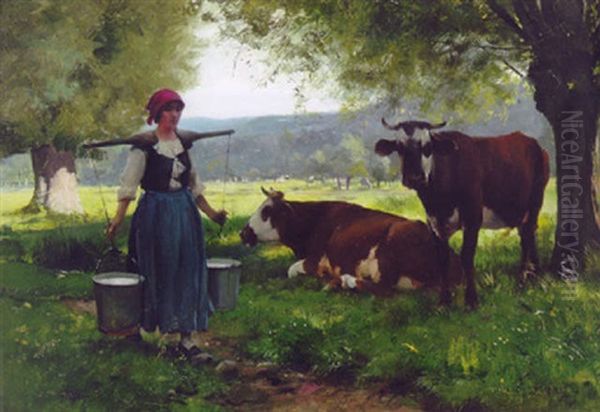 A Milkmaid With Cows In A Spring Landscape - view 1
